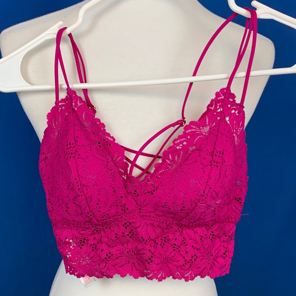 PINK Victoria's Secret Hot Pink Lace Bralette with Strappy Detail